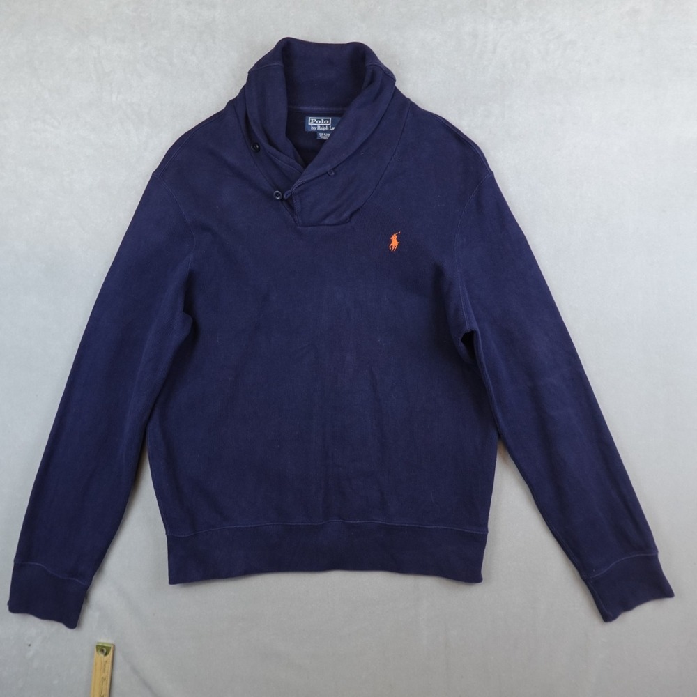 VTG Polo Ralph Lauren Shawl Neck Collar Pullover Sweater Mens Size Large Navy